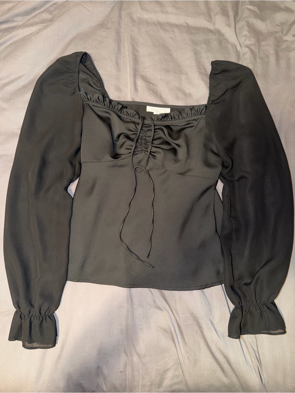 Topshop Black Smocked Square-Neck Long Sleeve Blouse